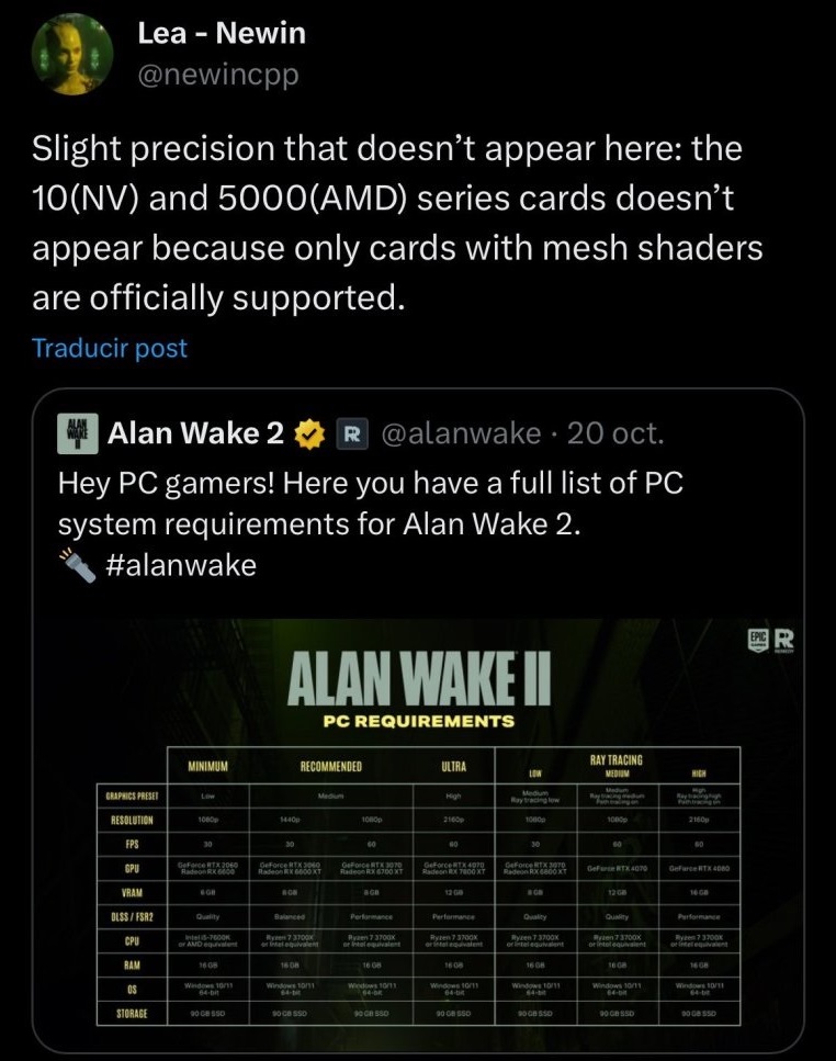 According to Remedy, Alan Wake 2 isn't meant to run on GeForce GTX