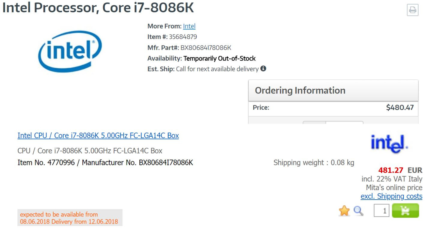 Intel Core i7-8086K processor listed at retailers - a 5GHz Intel processor?