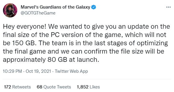 Marvel's Guardians of the Galaxy's storage requirements dropped by over 45% on PC