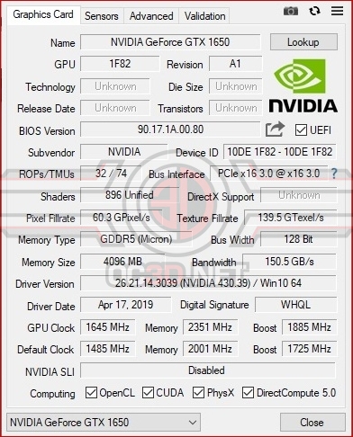 Palit GTX 1650 StormX OC GPUz