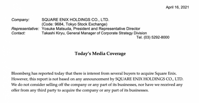 Square Enix denies Merger/Acquisition Rumours 