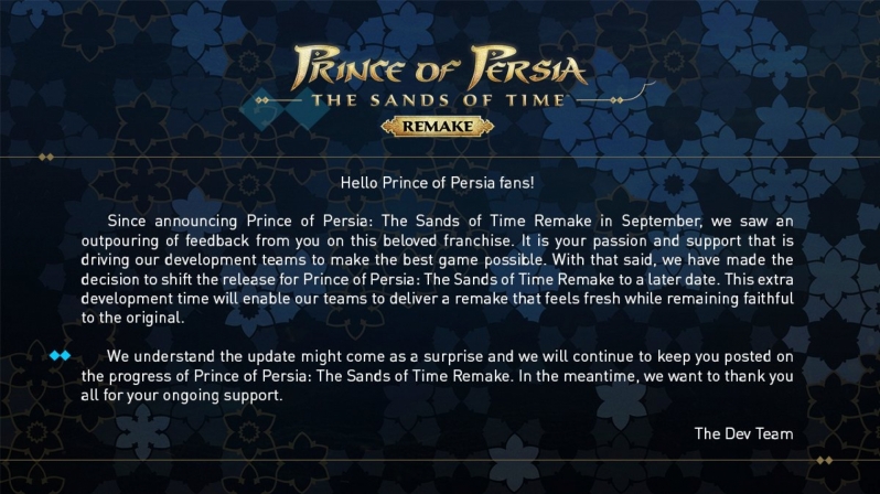 Ubisoft's Prince of Persia The Sands of Time Remake has been delayed, again