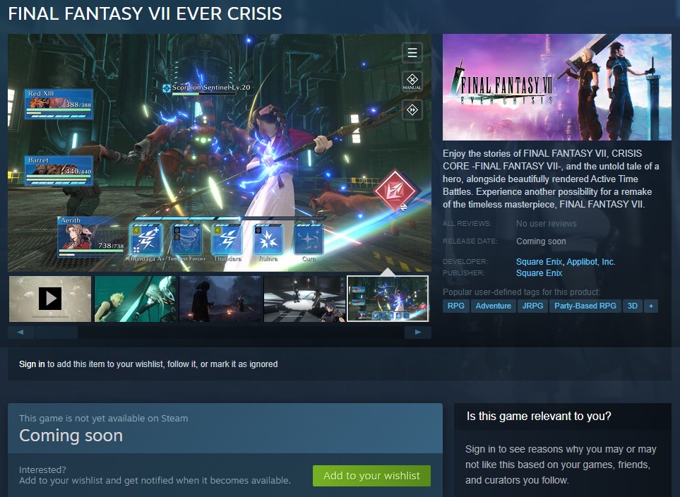 Final Fantasy VII: Ever Crisis PC release confirmed, will share data  between Steam and mobile