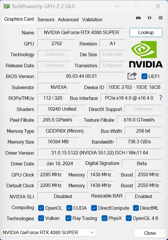 Nvidia RTX 4080 Super GPUz