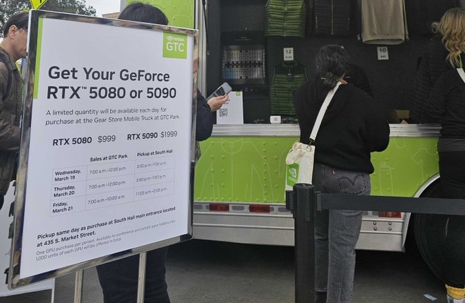 Nvidia sells RTX 5080 and RTX 5090 GPUs from a “food truck” at GTC 2025