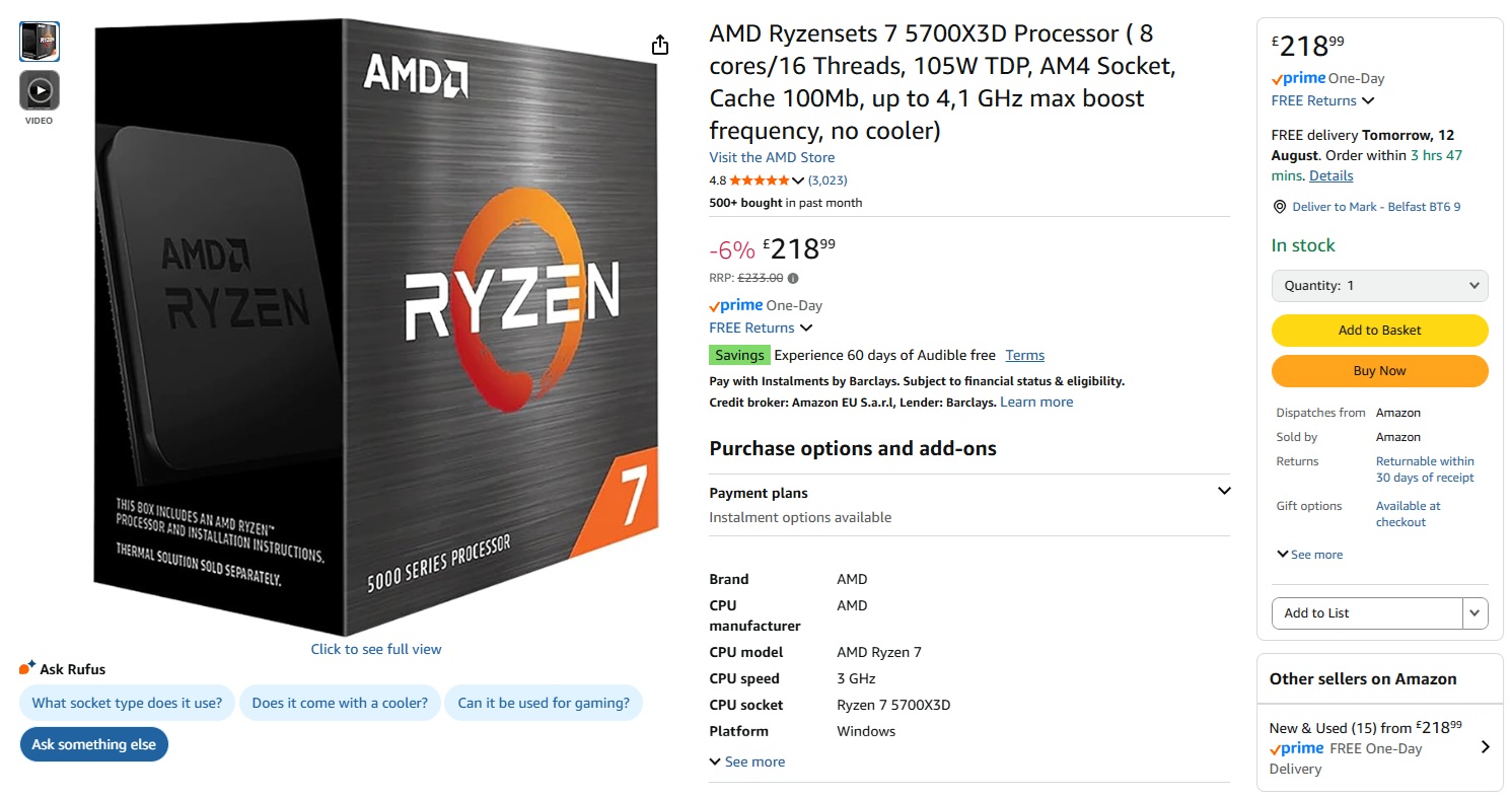 新品　Ryzen 7 5700X3D　AMD　3D V Cache　Zen3 AMD Ryzen 7 5700X3D 8-Core, 16-Thread Desktop Processor