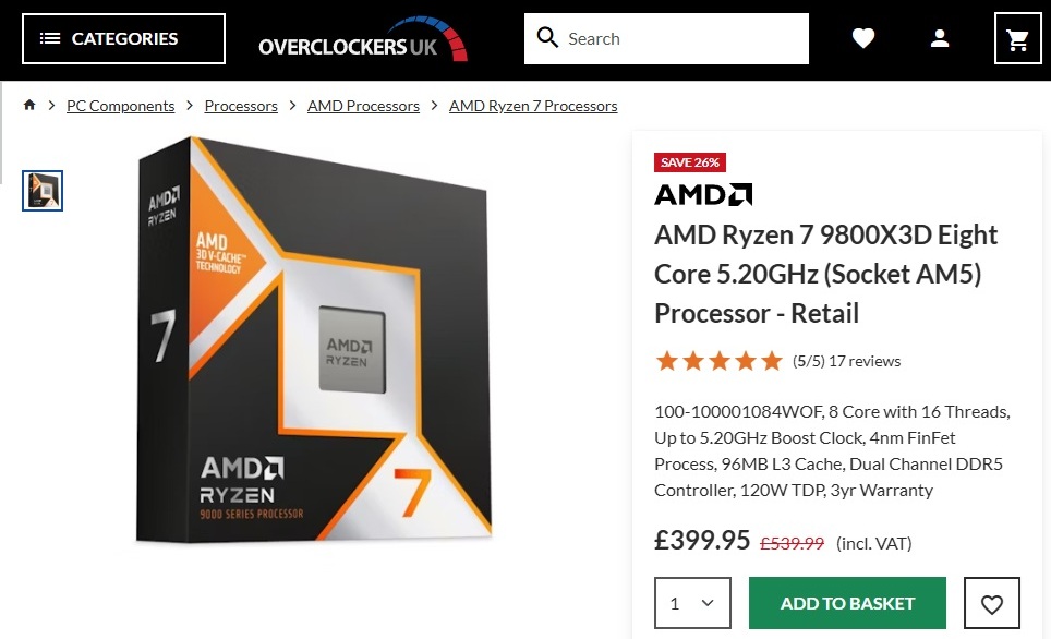 AMD Ryzen 7 9800X3D Gaming CPU dips below £400 in the UK - OC3D