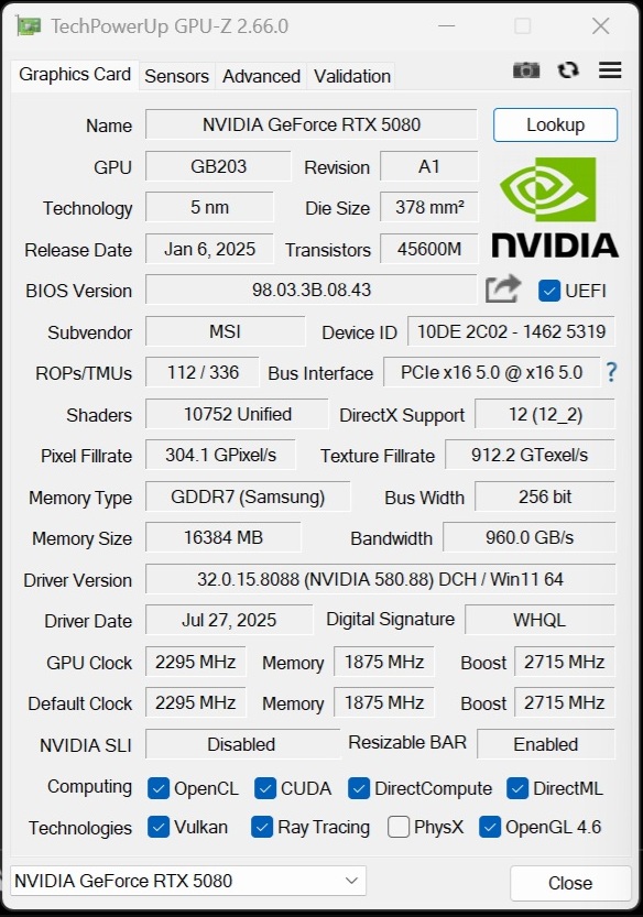 MSI RTX 5080 Expert GPUz