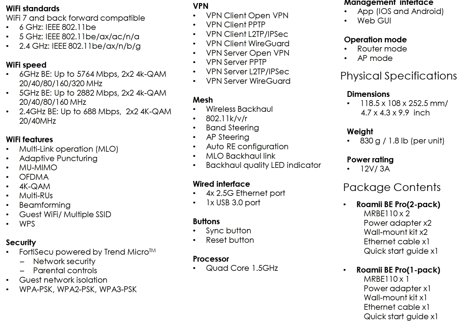 MSI Roamii BE Pro Twinpack Specifications