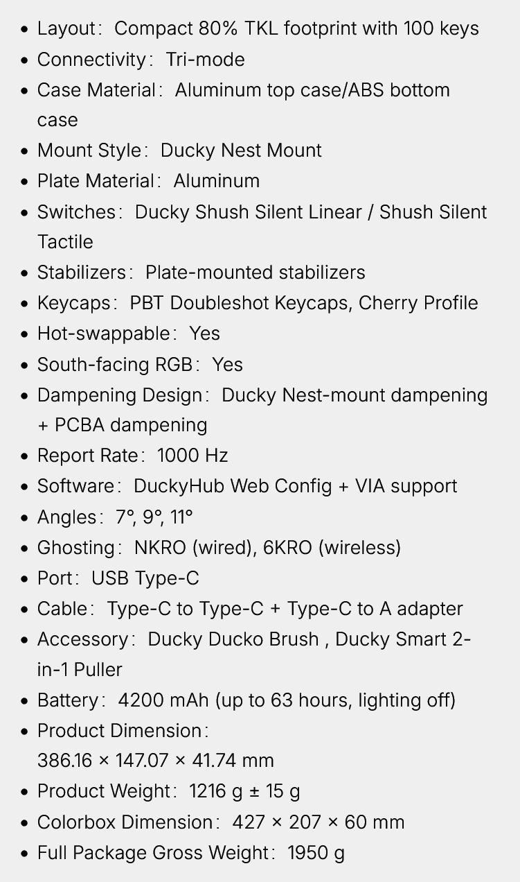 Ducky Cushion 98 Specifications